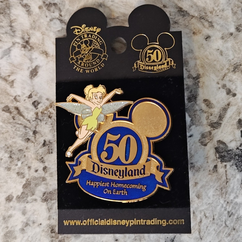 Disney Pin Tinker Bell Disneyland 50th Anniversary Blue Gold Glitter Enamel